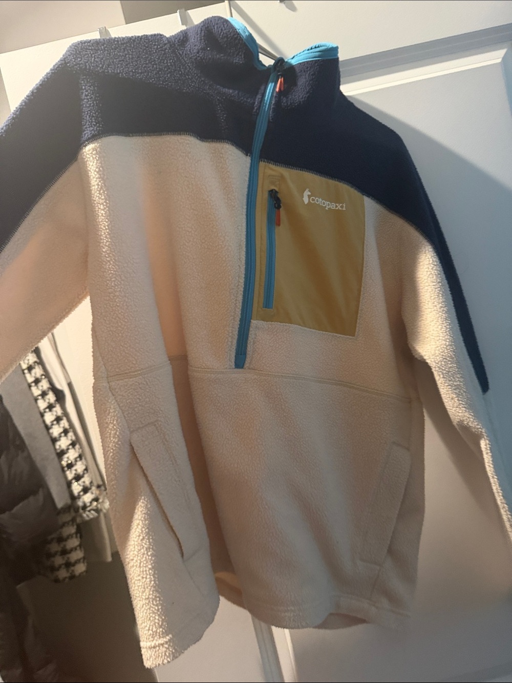 cotopaxi womens Colorblock Fleece Pullover - Navy, Cream & Mustard